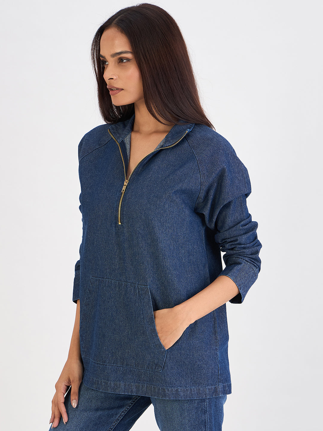 Navy Blue Denim Zip-Up Top