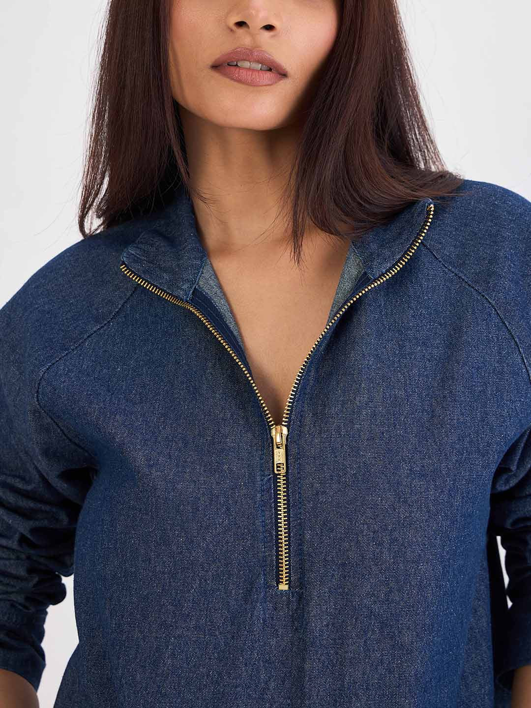 Navy Blue Denim Zip-Up Top
