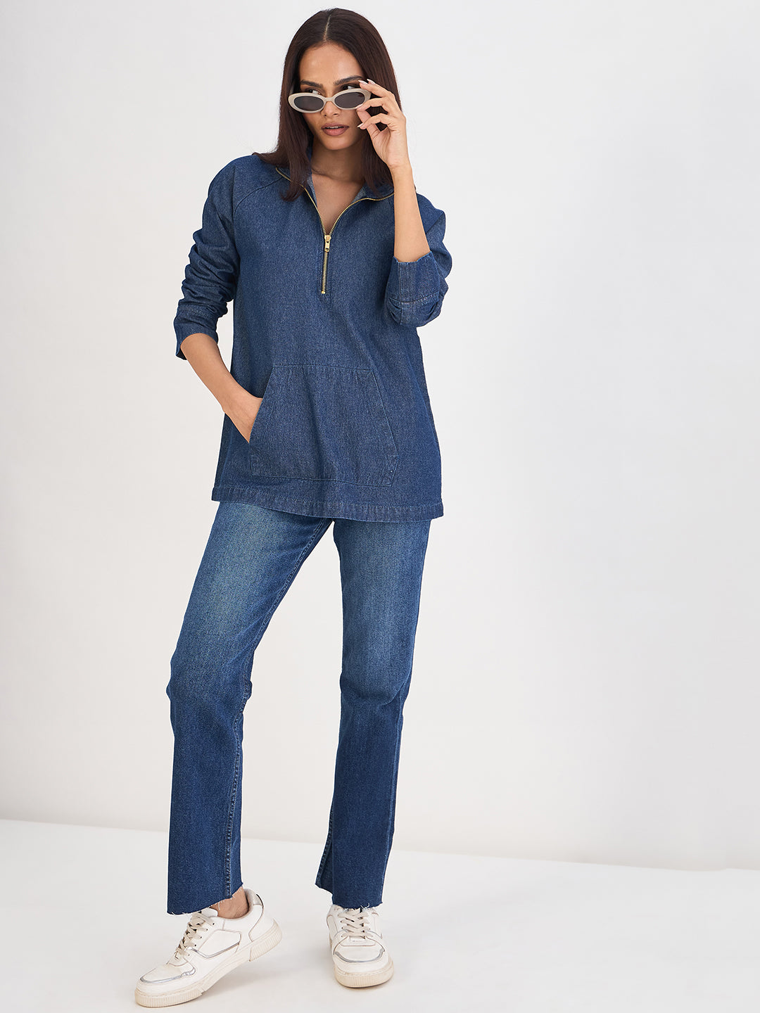 Navy Blue Denim Zip-Up Top