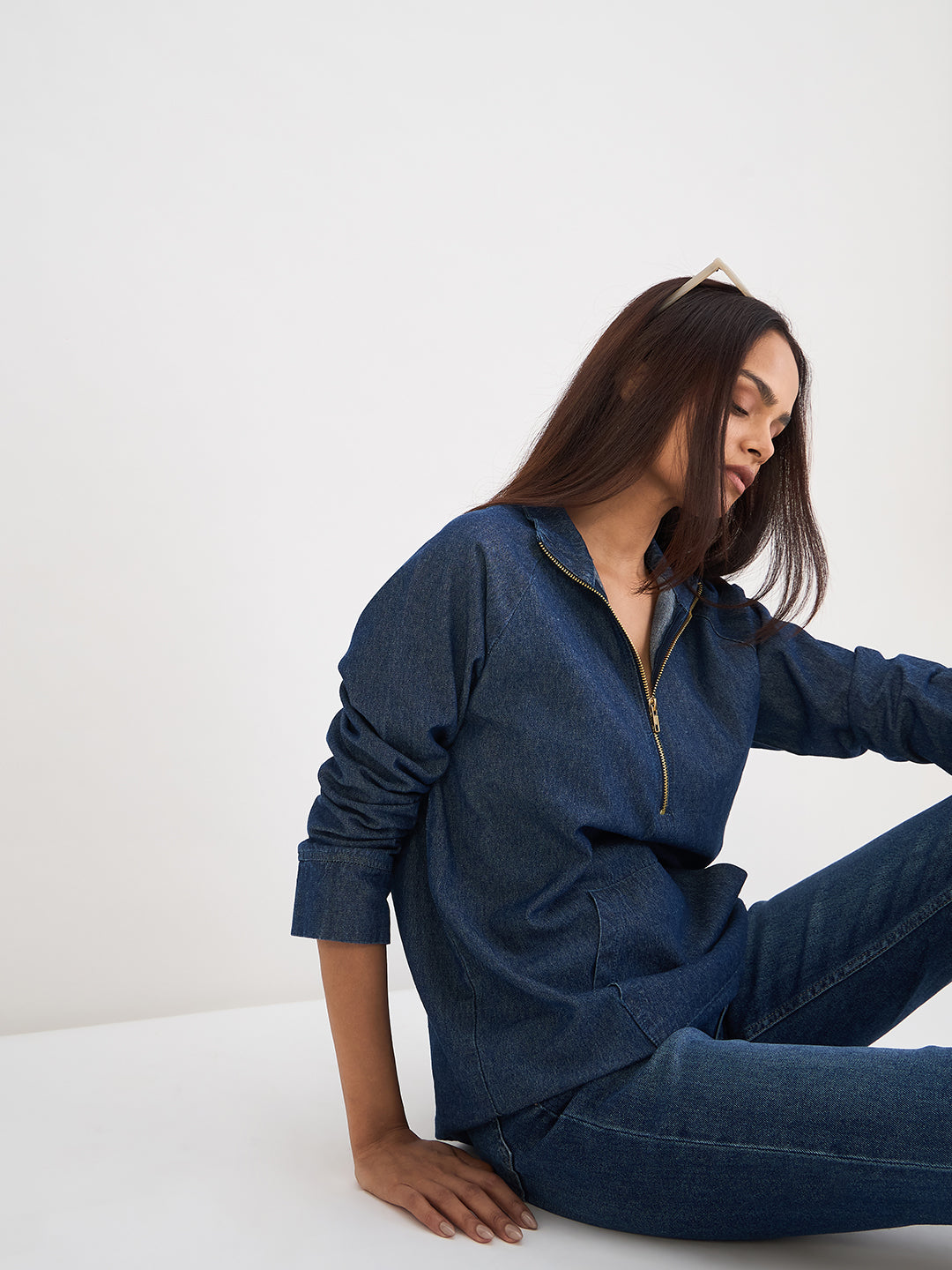 Navy Blue Denim Zip-Up Top