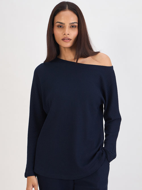Navy Waffle Knit One Shoulder Top