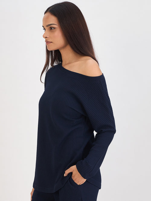 Navy Waffle Knit One Shoulder Top