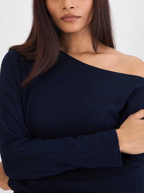 Navy Waffle Knit One Shoulder Top