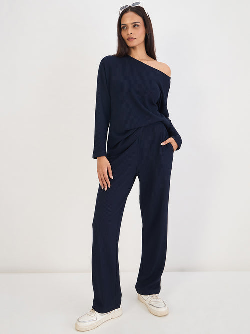Navy Waffle Knit One Shoulder Top