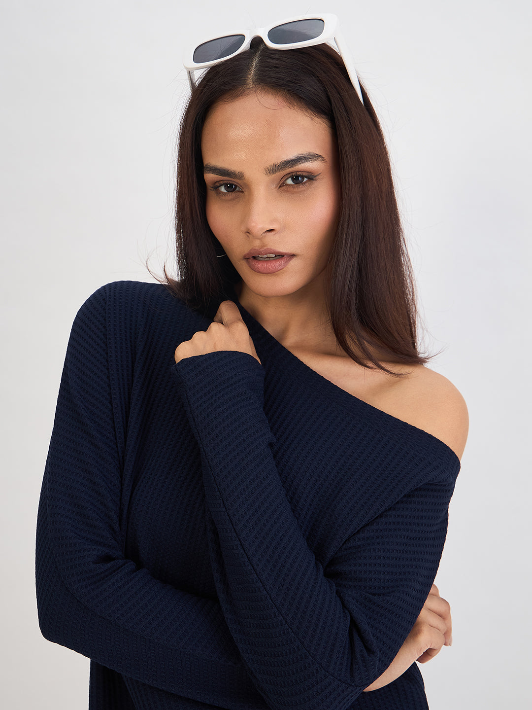 Navy Waffle Knit One Shoulder Top