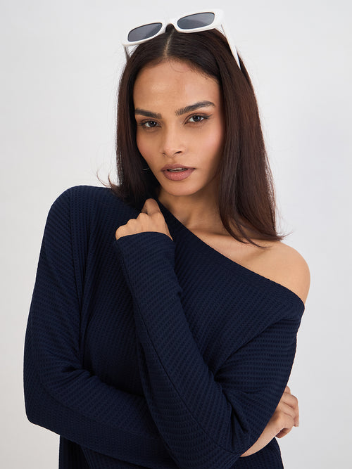 Navy Waffle Knit One Shoulder Top
