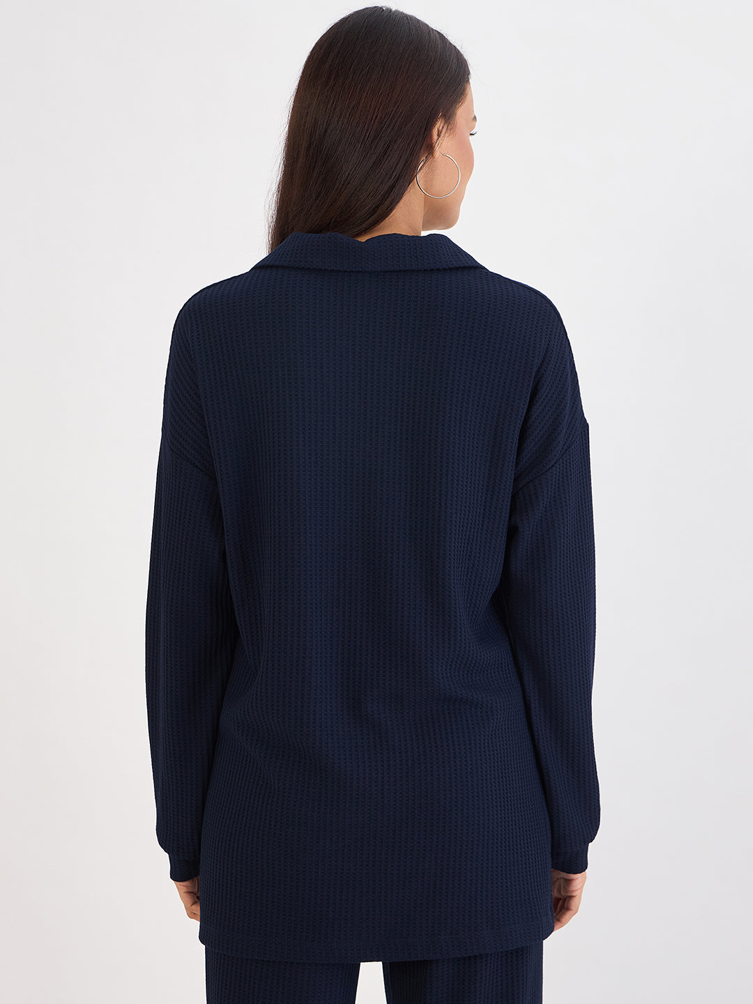 Navy Waffle Knit Collar Detail Top