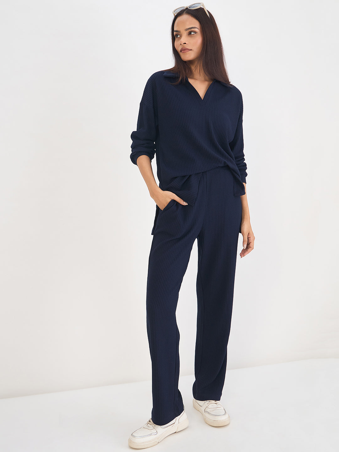 Navy Waffle Knit Collar Detail Top