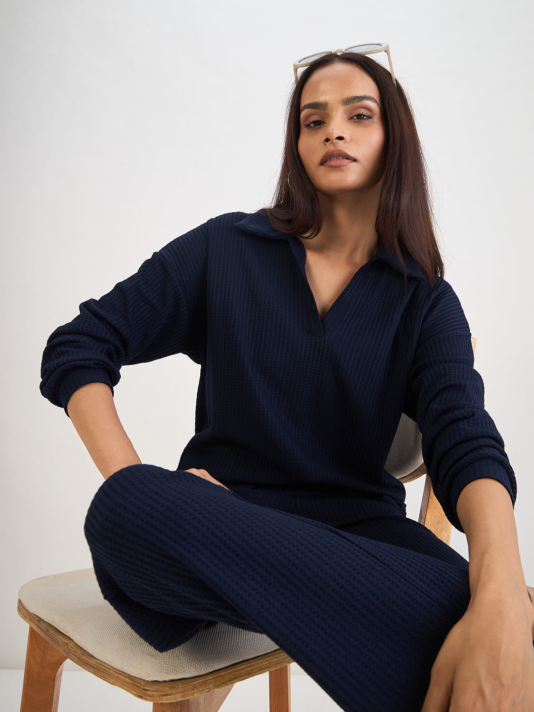 Navy Waffle Knit Collar Detail Top