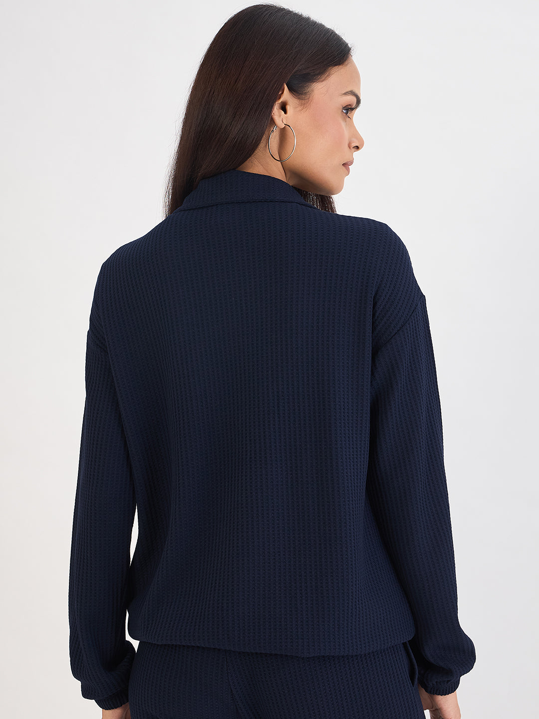 Navy Waffle Knit Zip Up Top
