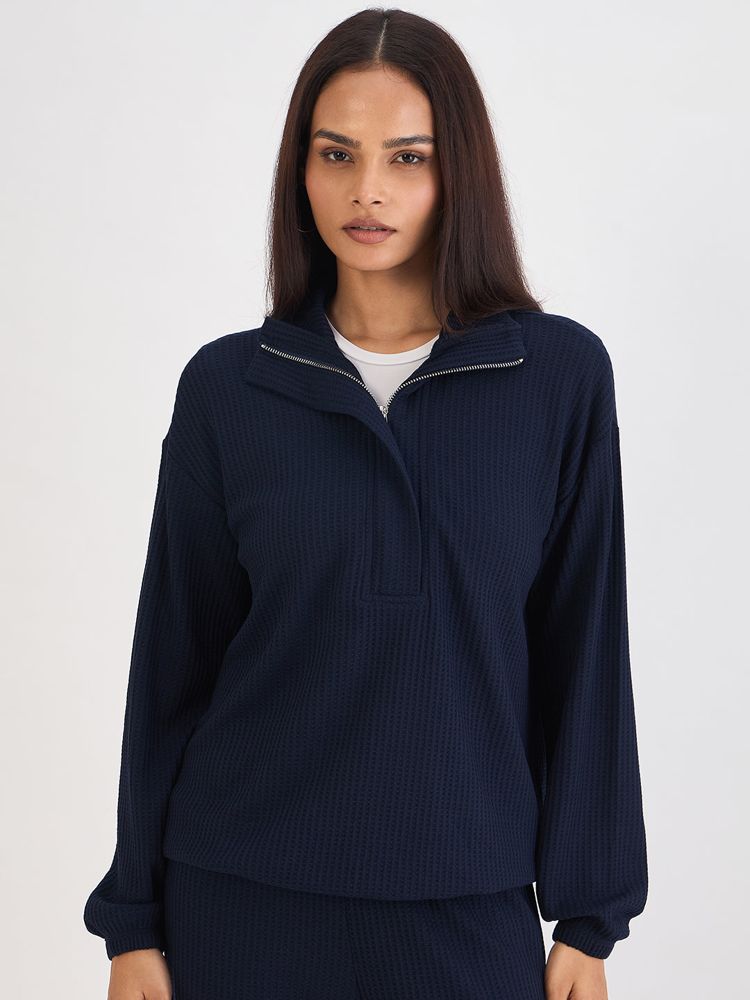 Navy Waffle Knit Zip Up Top