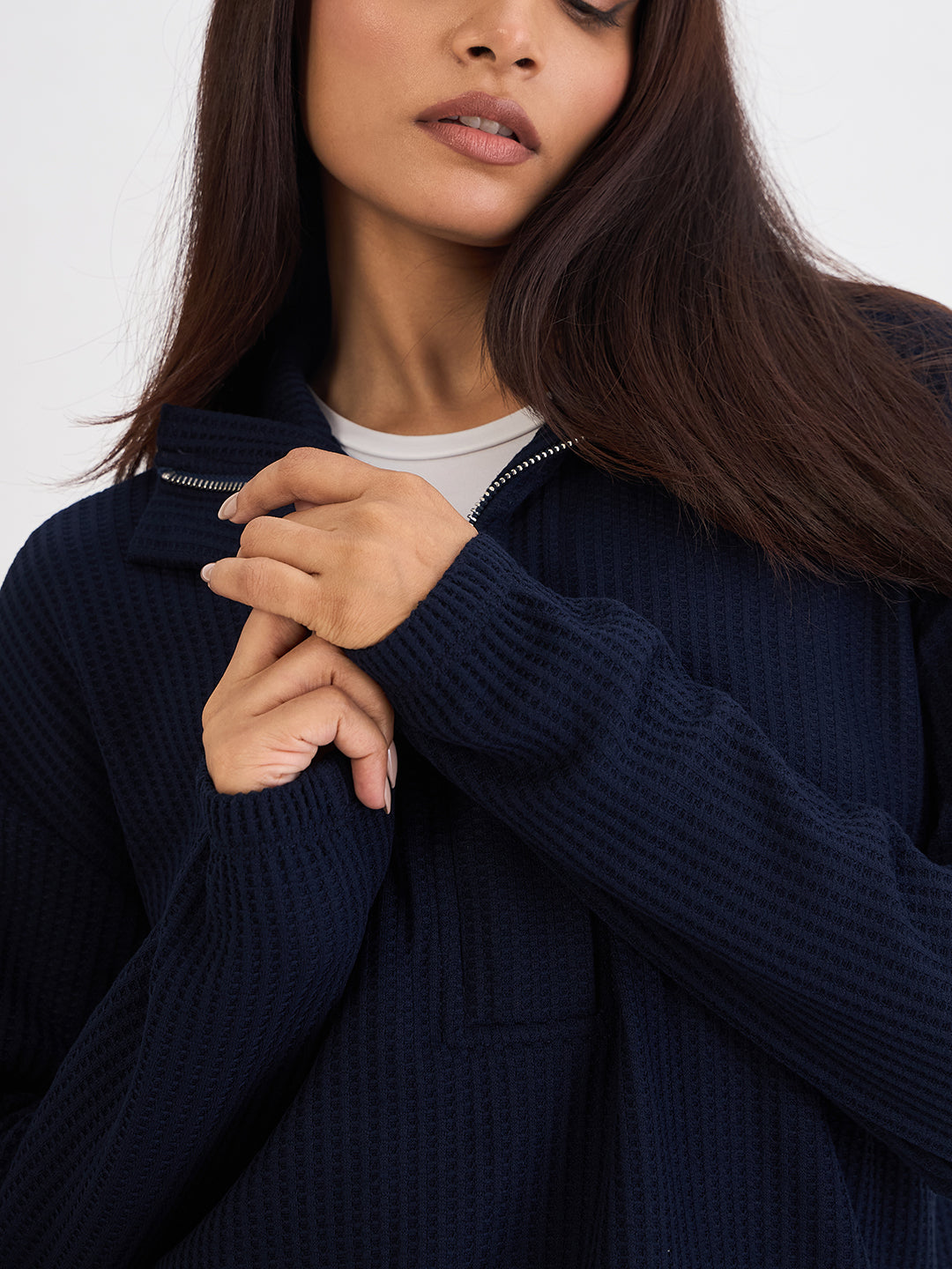 Navy Waffle Knit Zip Up Top
