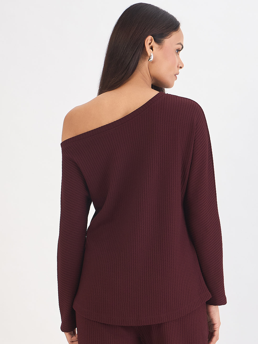Wine Waffle Knit One Shoulder Top