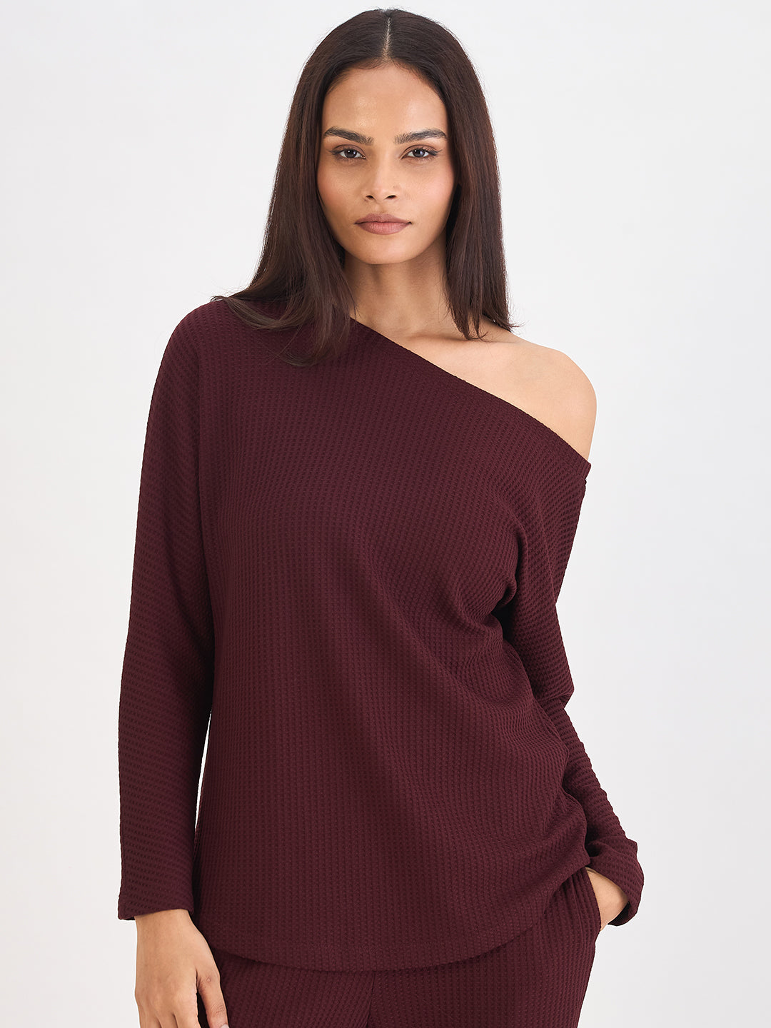 Wine Waffle Knit One Shoulder Top