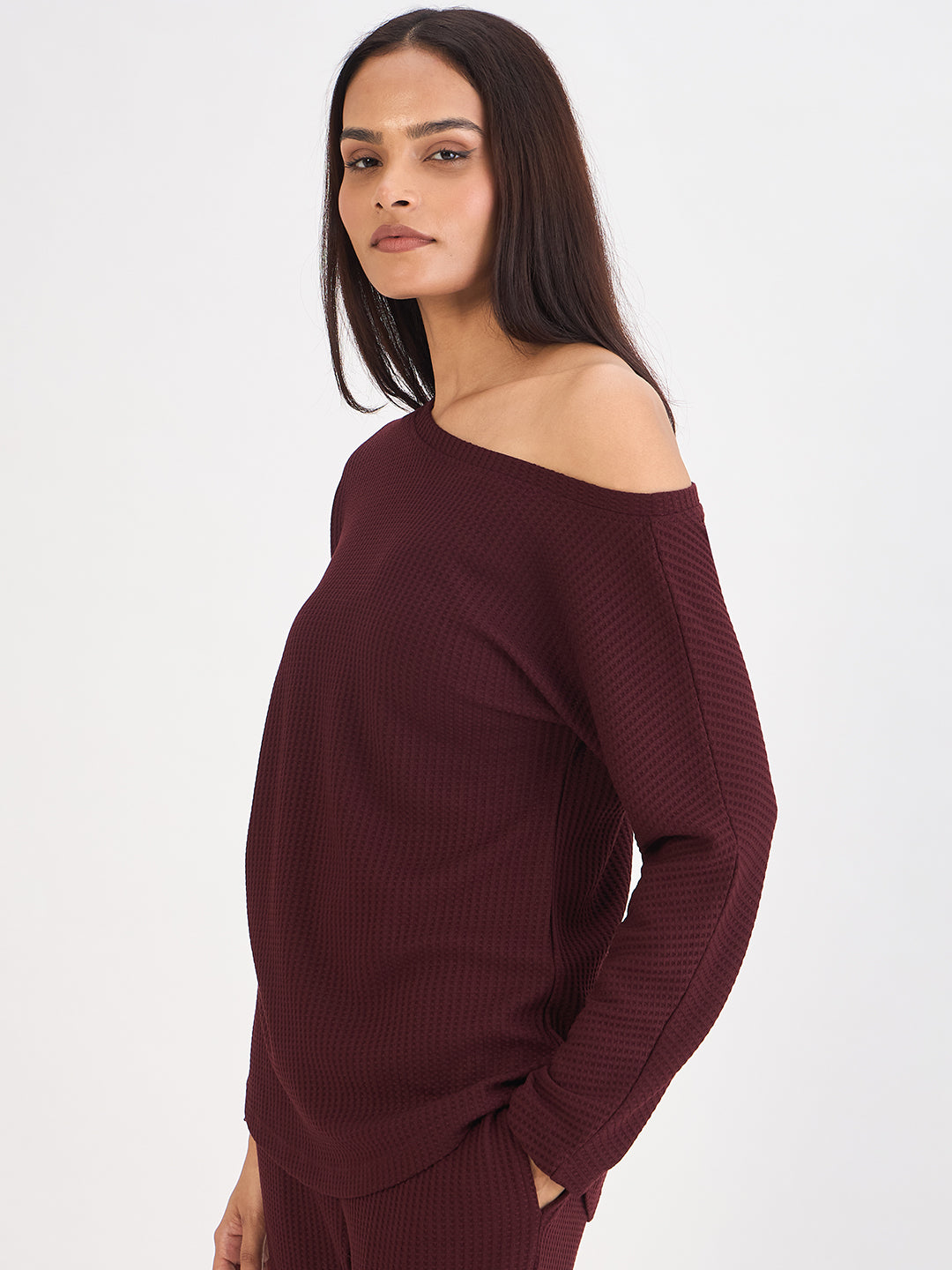 Wine Waffle Knit One Shoulder Top