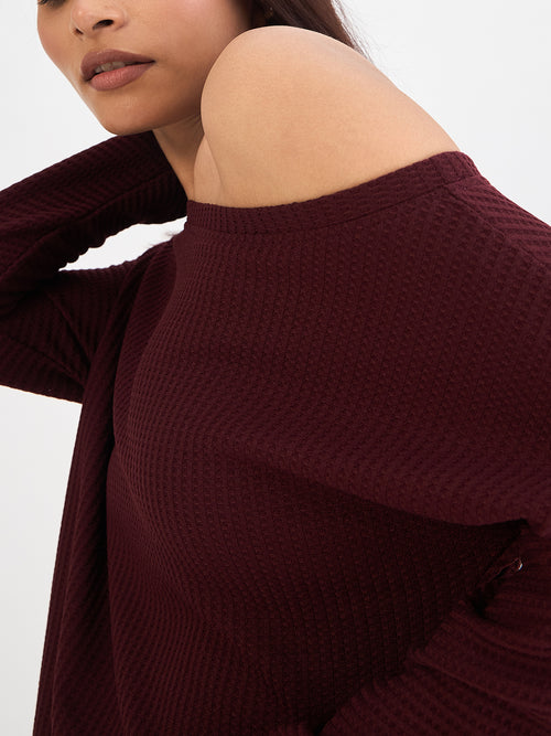 Wine Waffle Knit One Shoulder Top