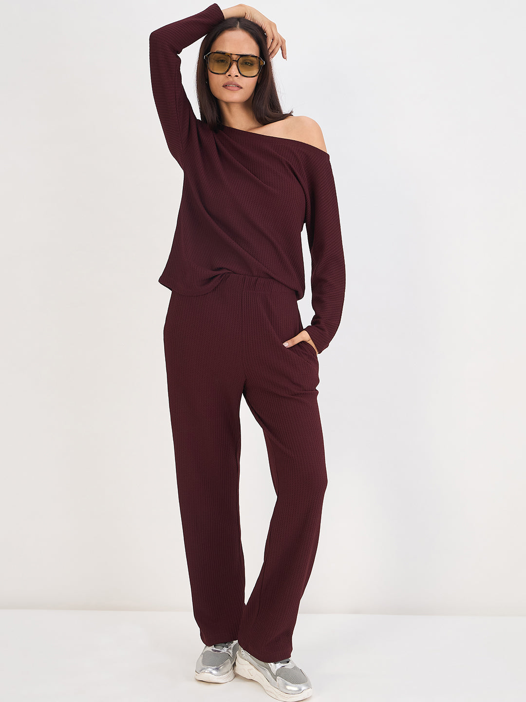 Wine Waffle Knit One Shoulder Top