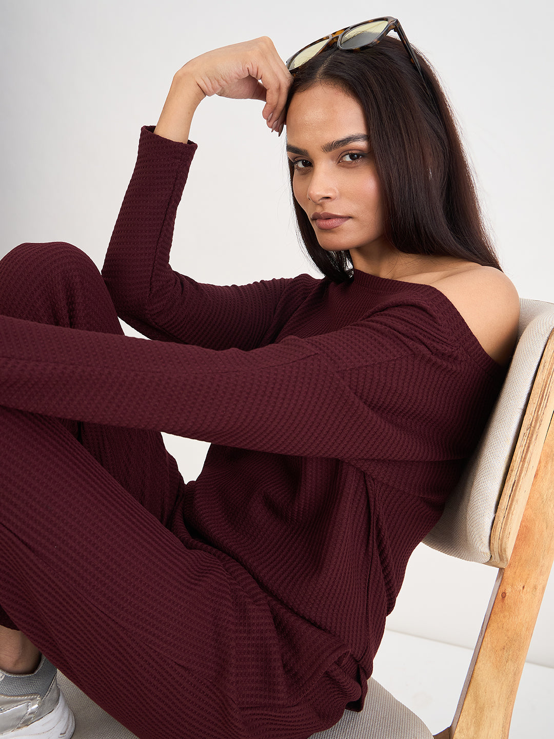 Wine Waffle Knit One Shoulder Top