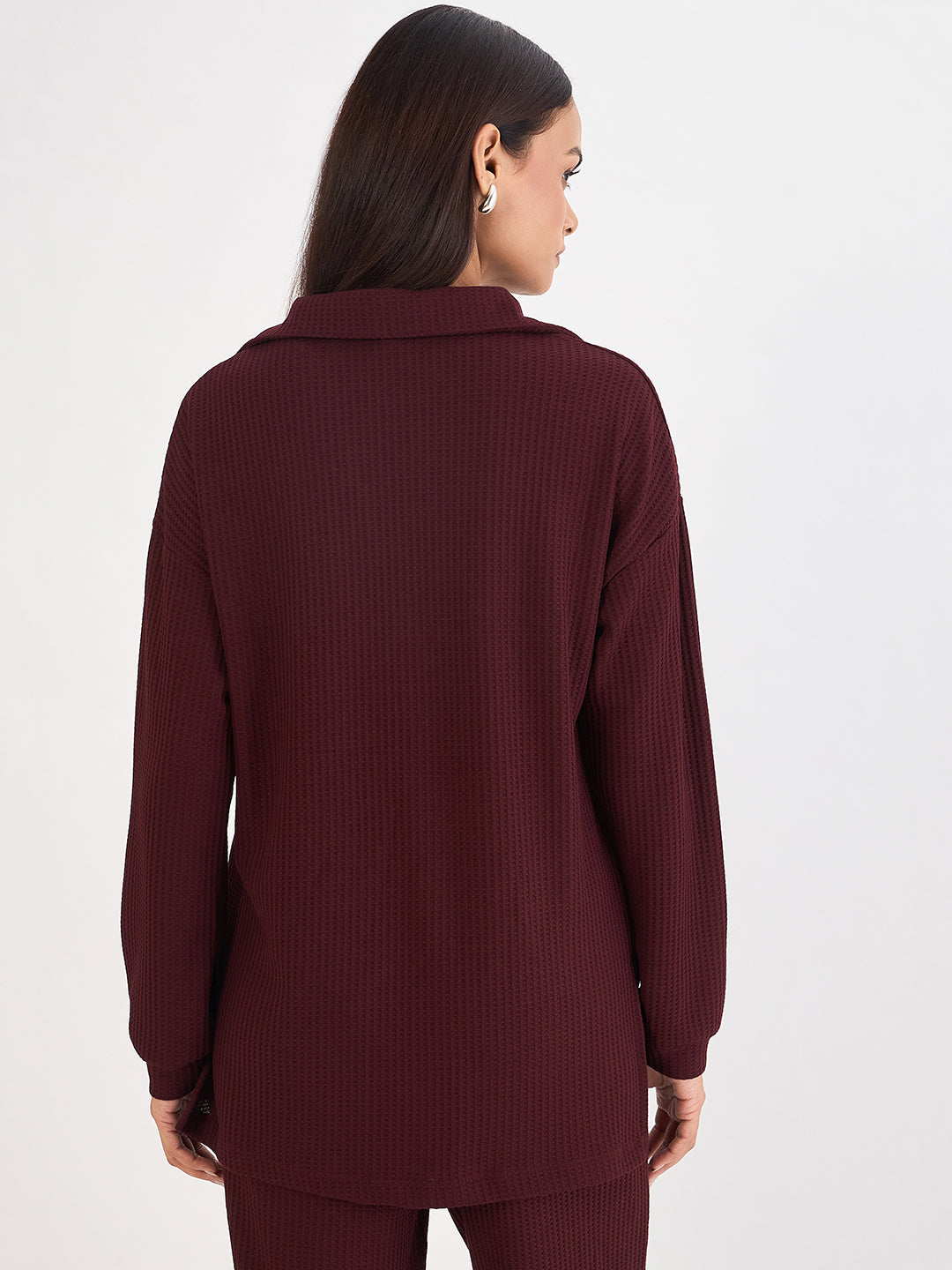 Wine Waffle Knit Collar Detail Top