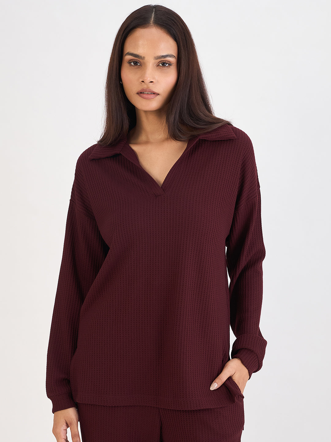 Wine Waffle Knit Collar Detail Top
