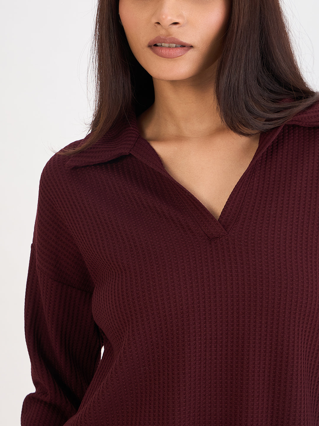 Wine Waffle Knit Collar Detail Top