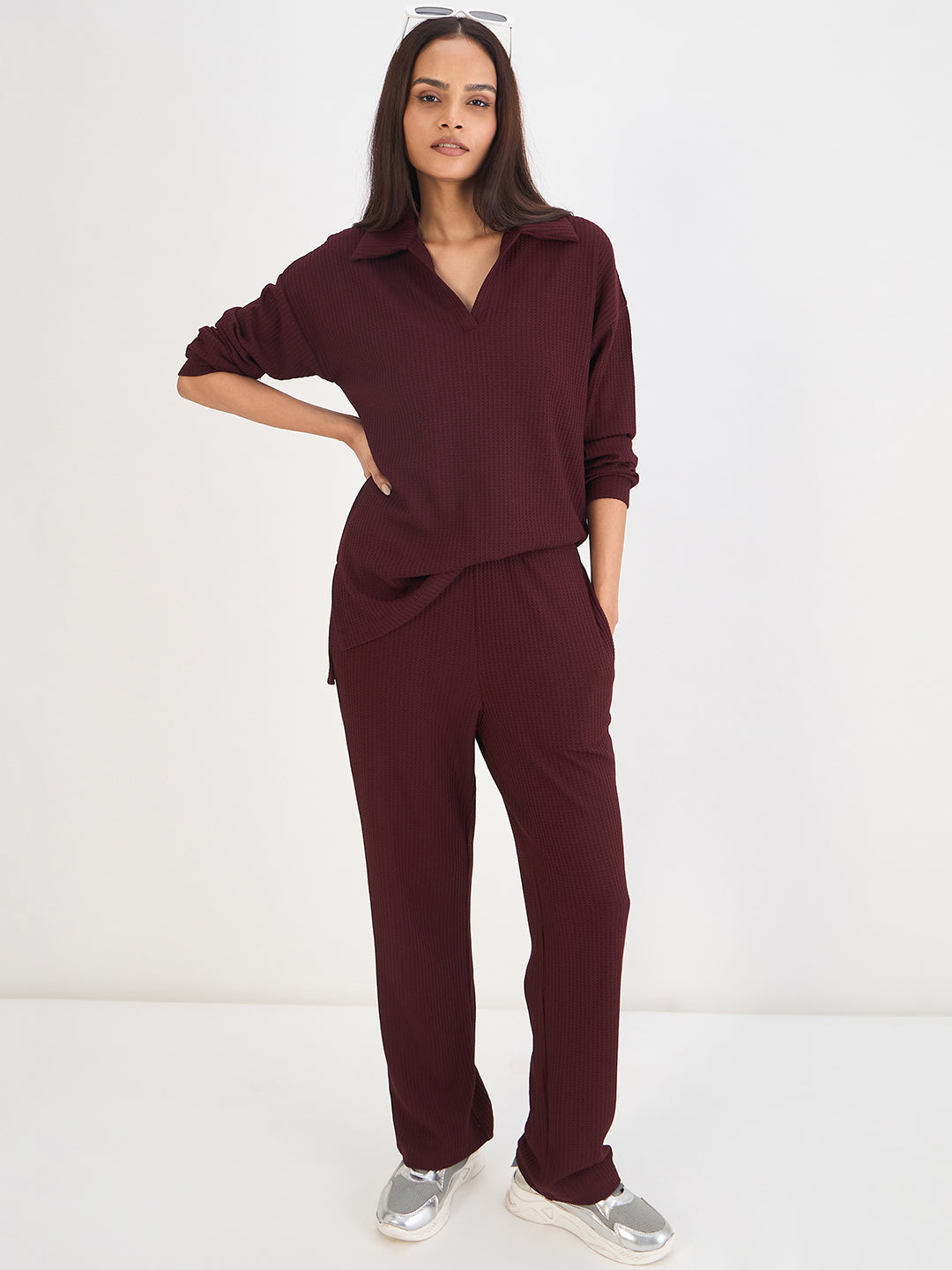 Wine Waffle Knit Straight Pants
