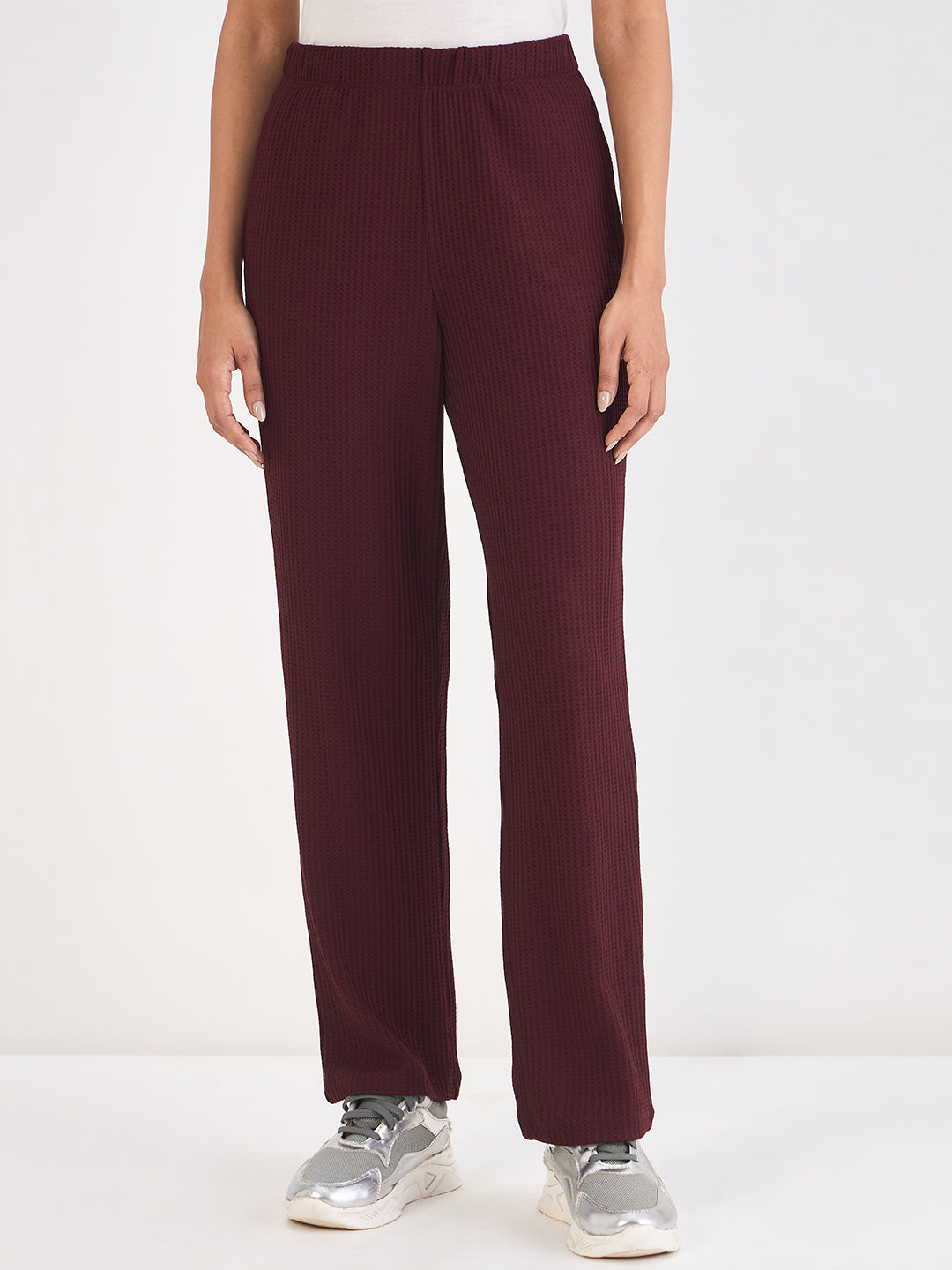 Wine Waffle Knit Straight Pants