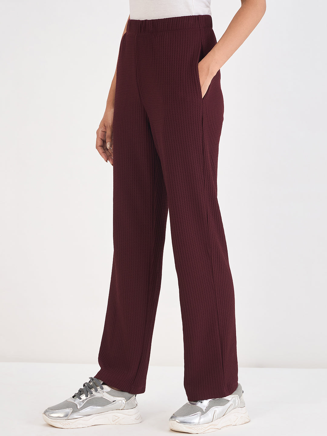 Wine Waffle Knit Straight Pants