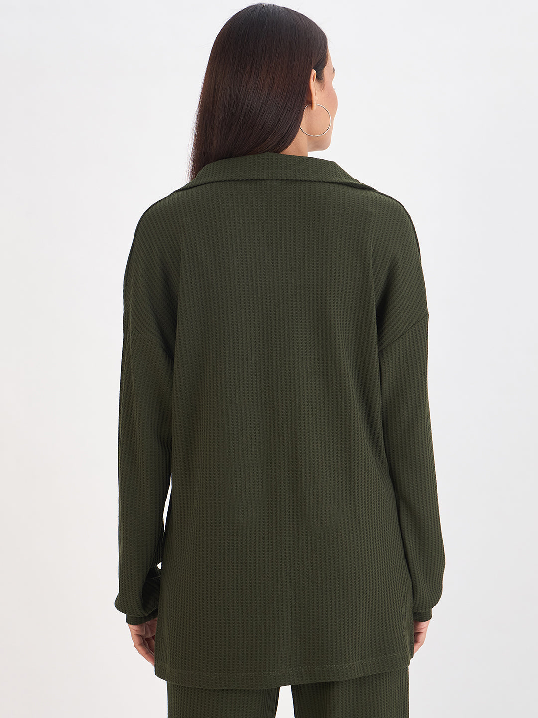 Olive Waffle Knit Collar Detail Top