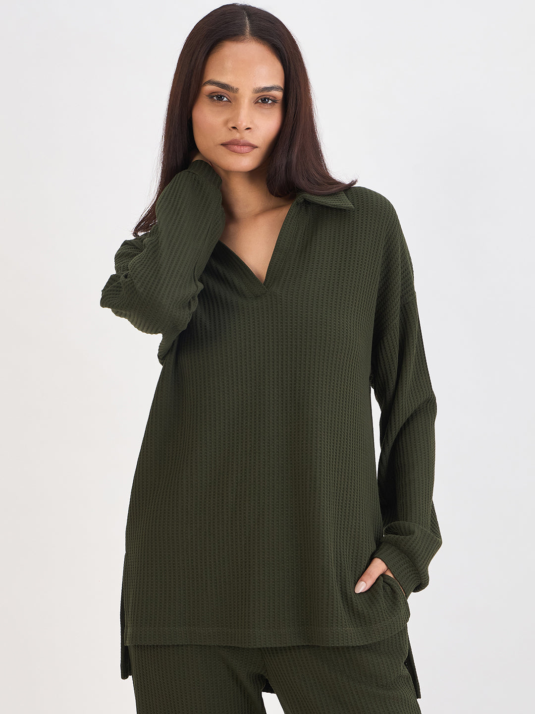 Olive Waffle Knit Collar Detail Top