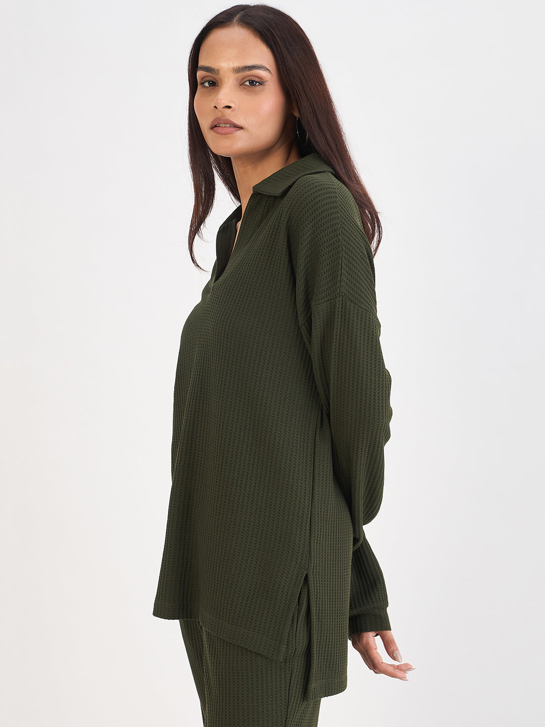 Olive Waffle Knit Collar Detail Top