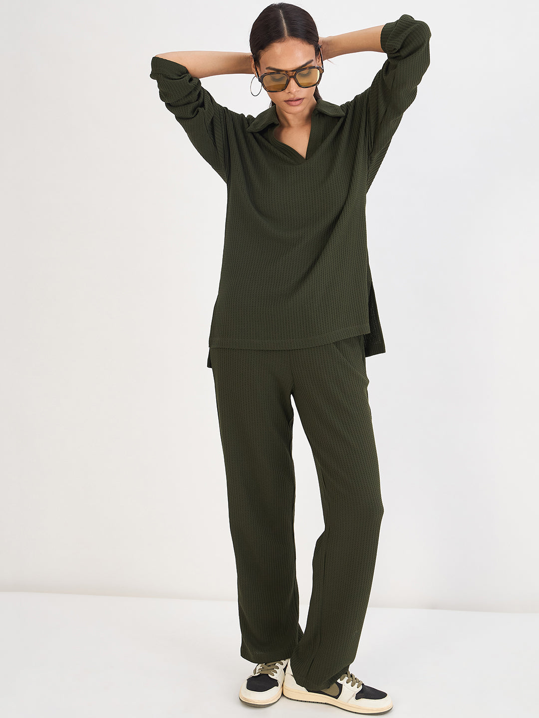 Olive Waffle Knit Straight Pants