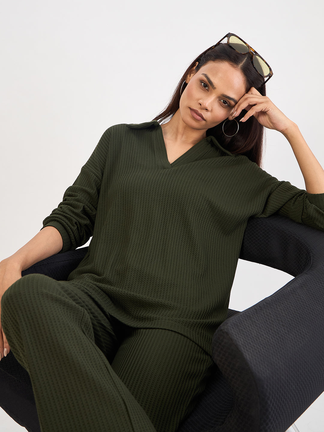 Olive Waffle Knit Collar Detail Top