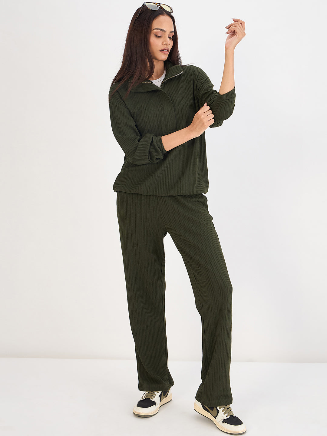 Olive Waffle Knit Collar Detail Top