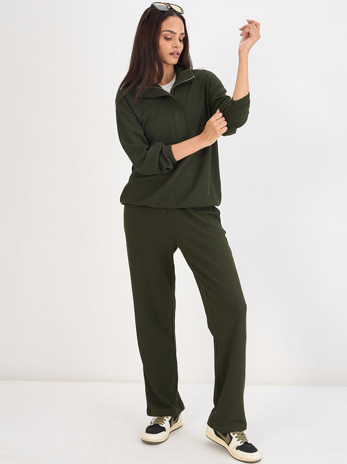 Olive Waffle Knit Collar Detail Top