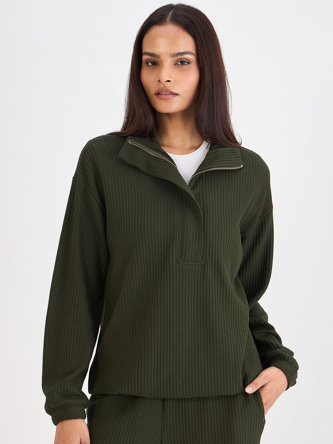 Olive Waffle Knit Collar Detail Top