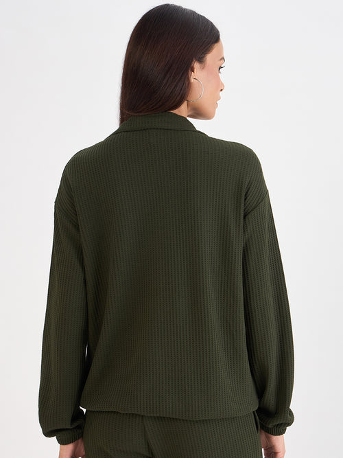 Olive Waffle Knit Collar Detail Top