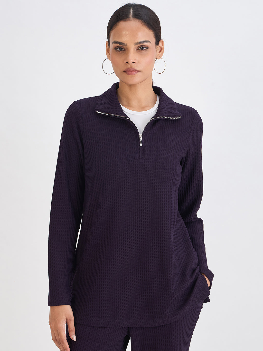 Deep Purple Waffle Knit High Neck Top