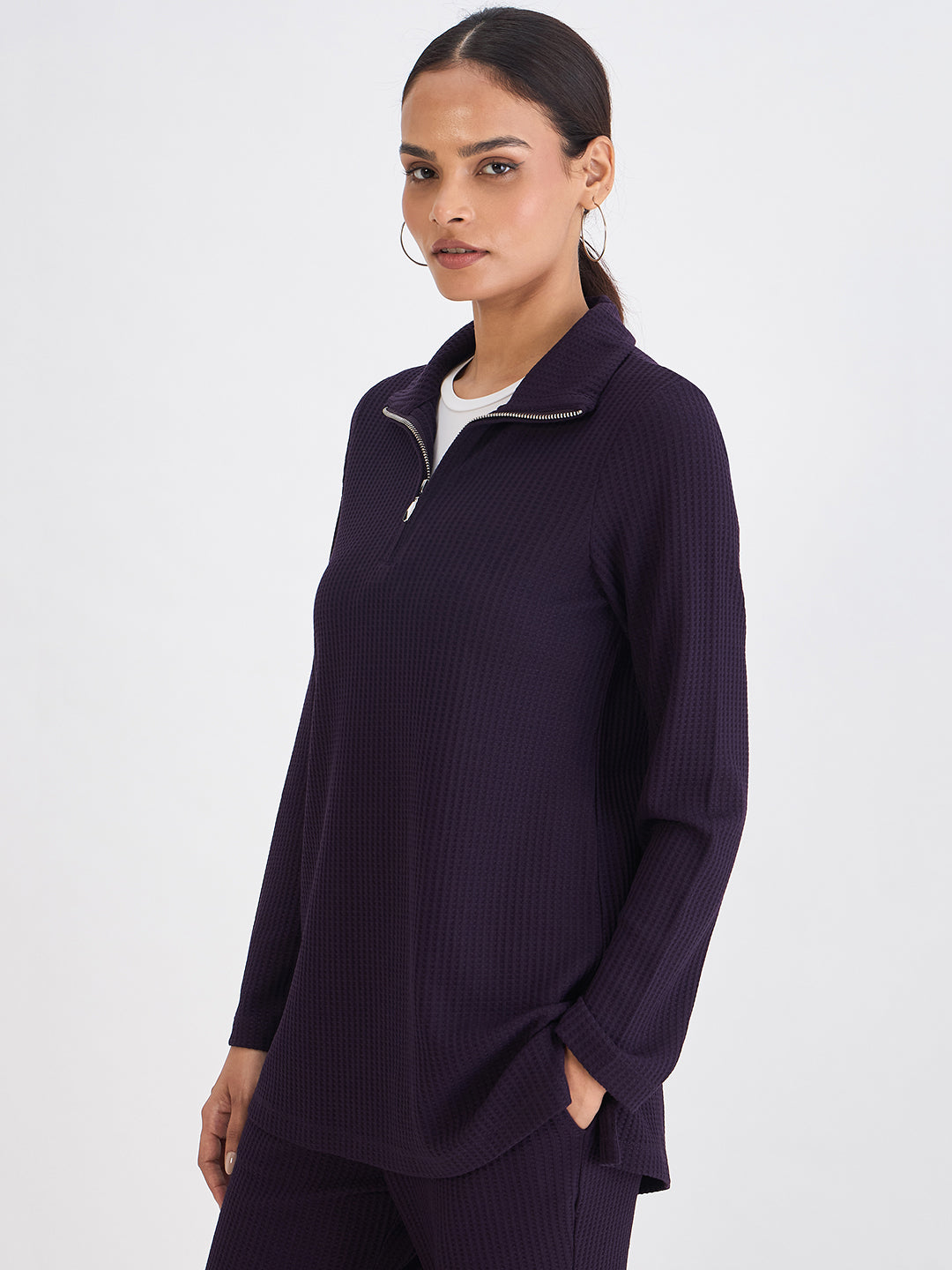 Deep Purple Waffle Knit High Neck Top