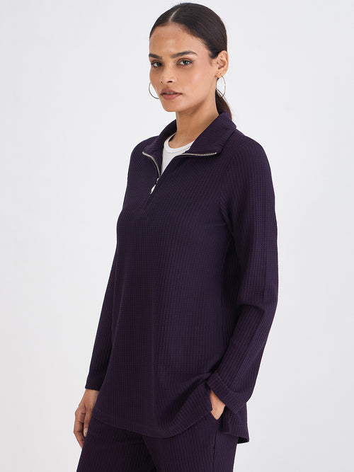 Deep Purple Waffle Knit High Neck Top