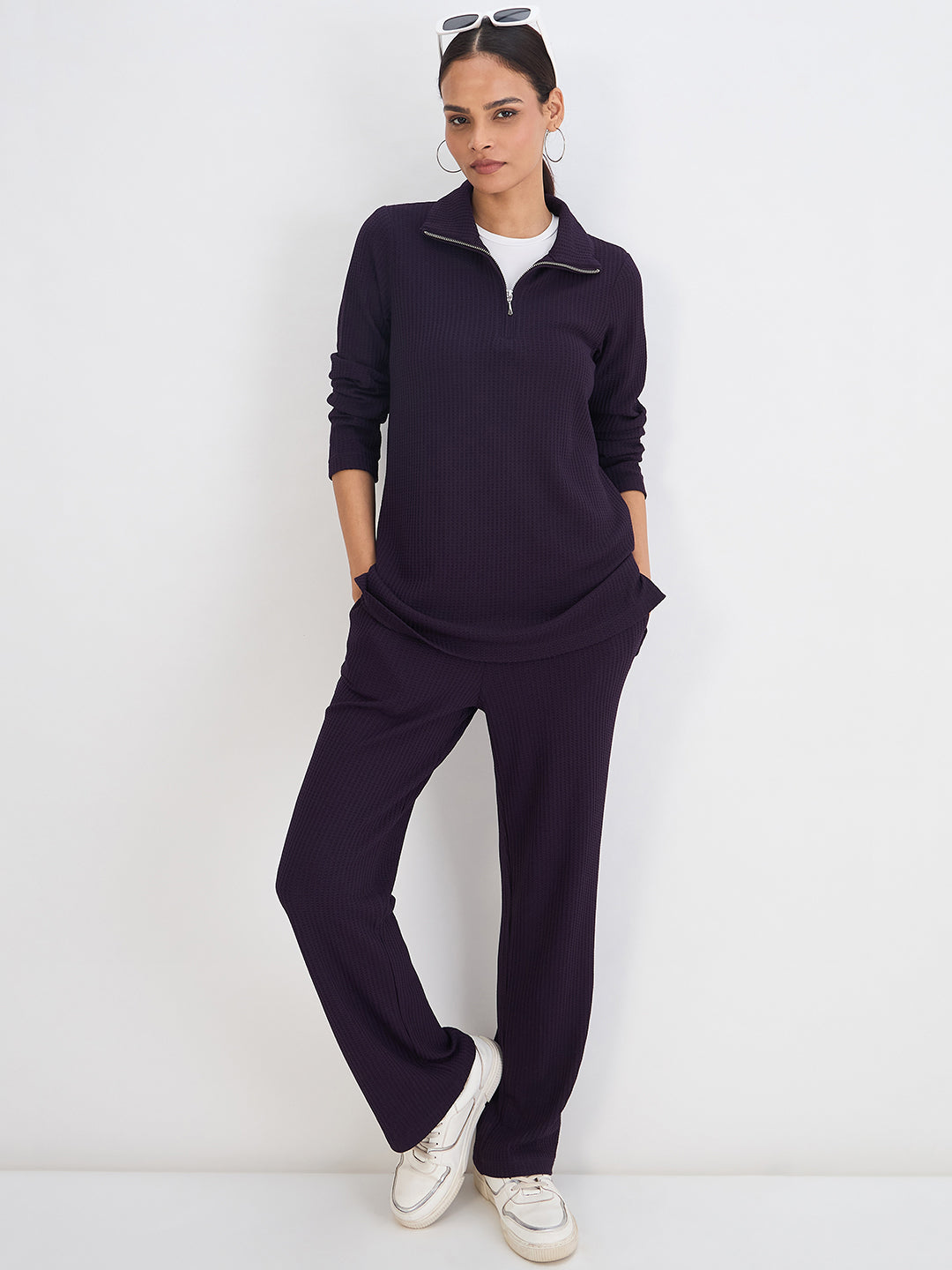 Deep Purple Waffle Knit High Neck Top