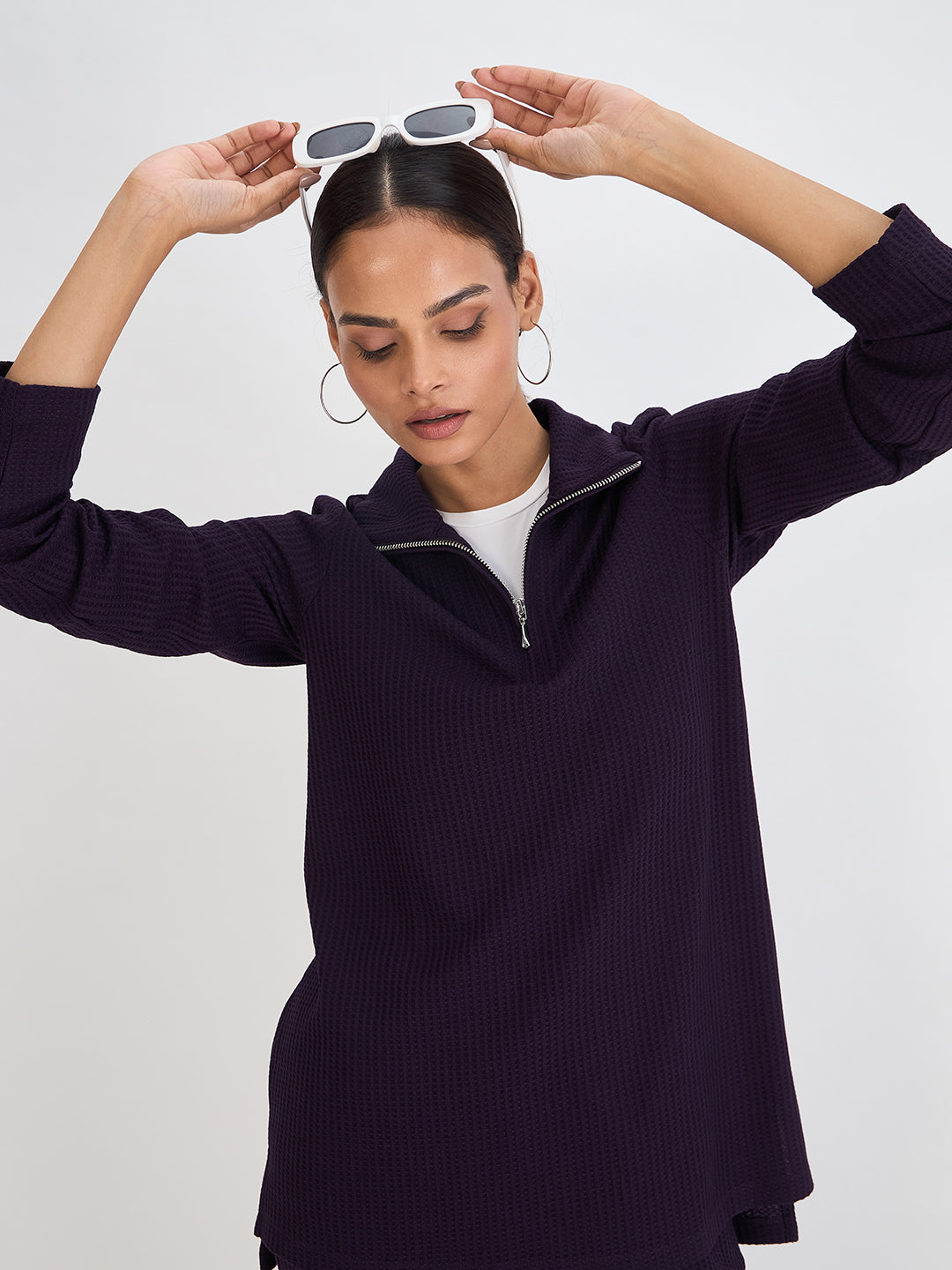 Deep Purple Waffle Knit High Neck Top