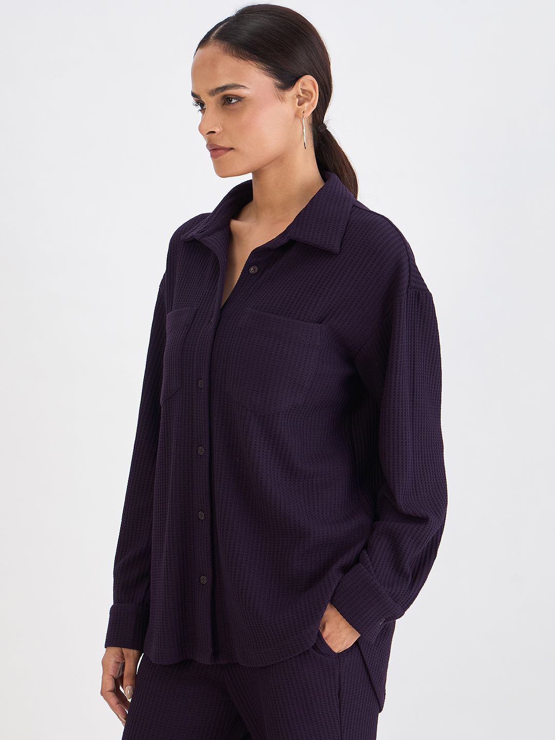 Deep Purple Waffle Knit Button Down Shirt