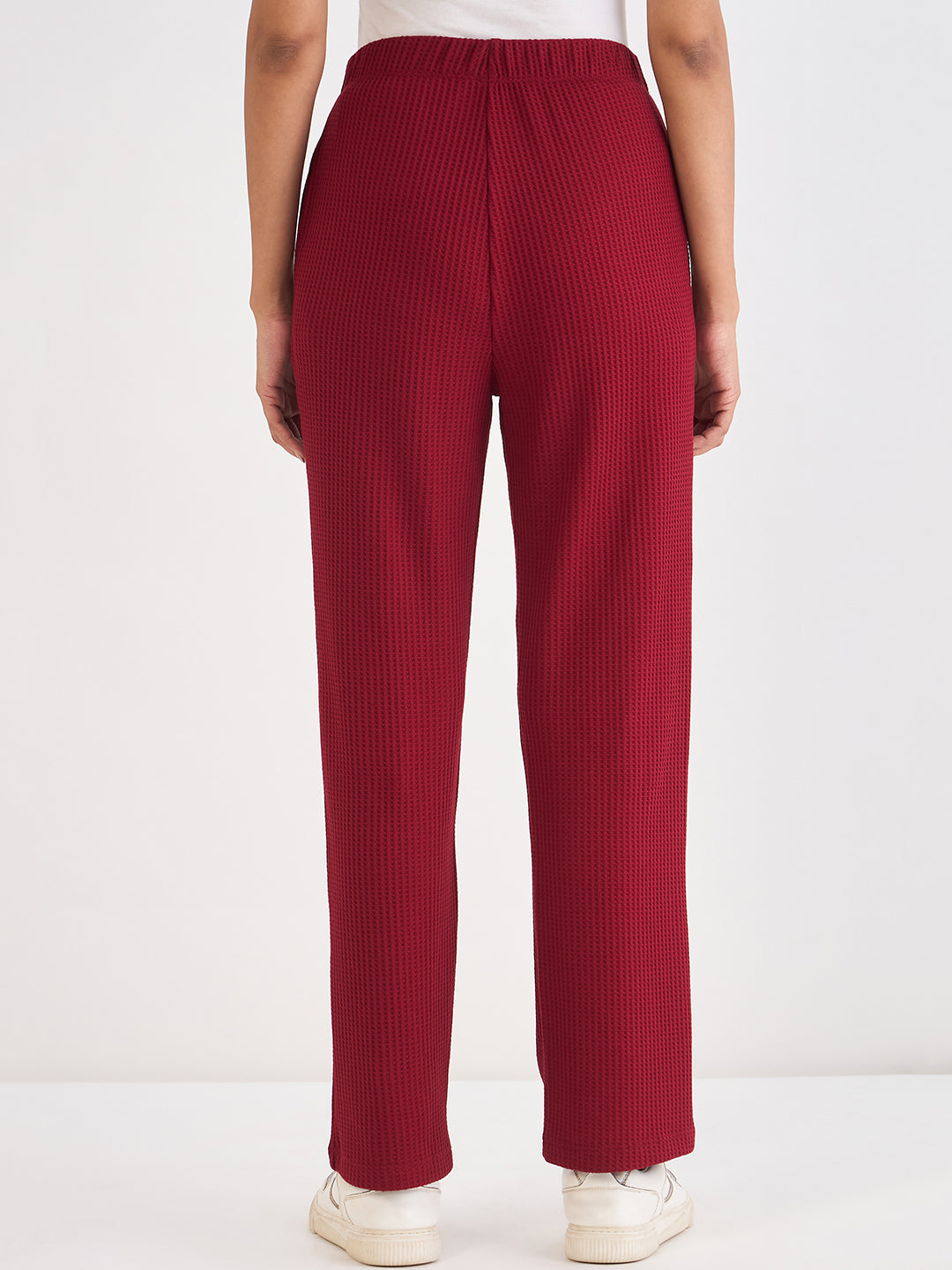 Deep Red Waffle Knit Straight Pants