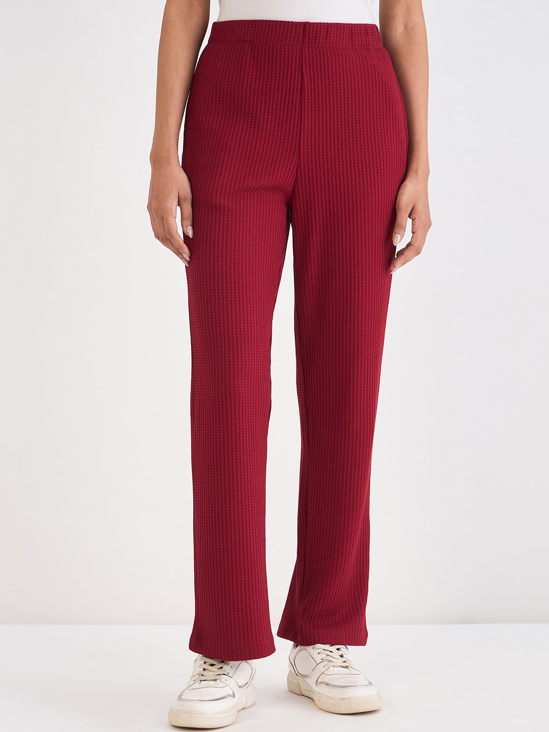 Deep Red Waffle Knit Straight Pants