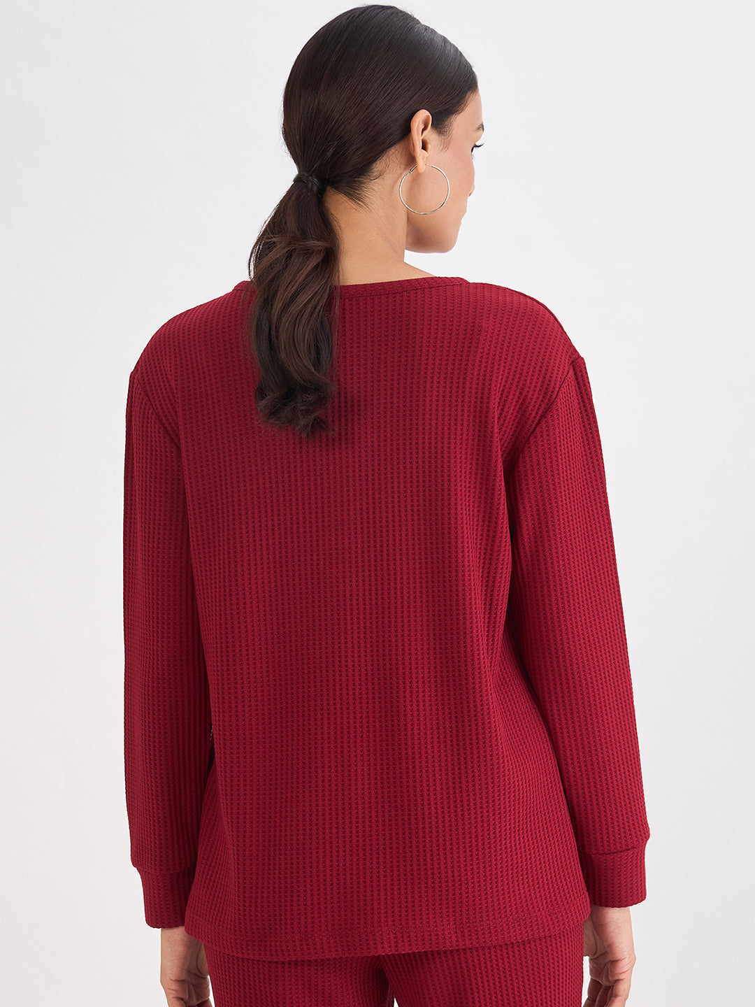 Deep Red Waffle Knit Notch Neck Top
