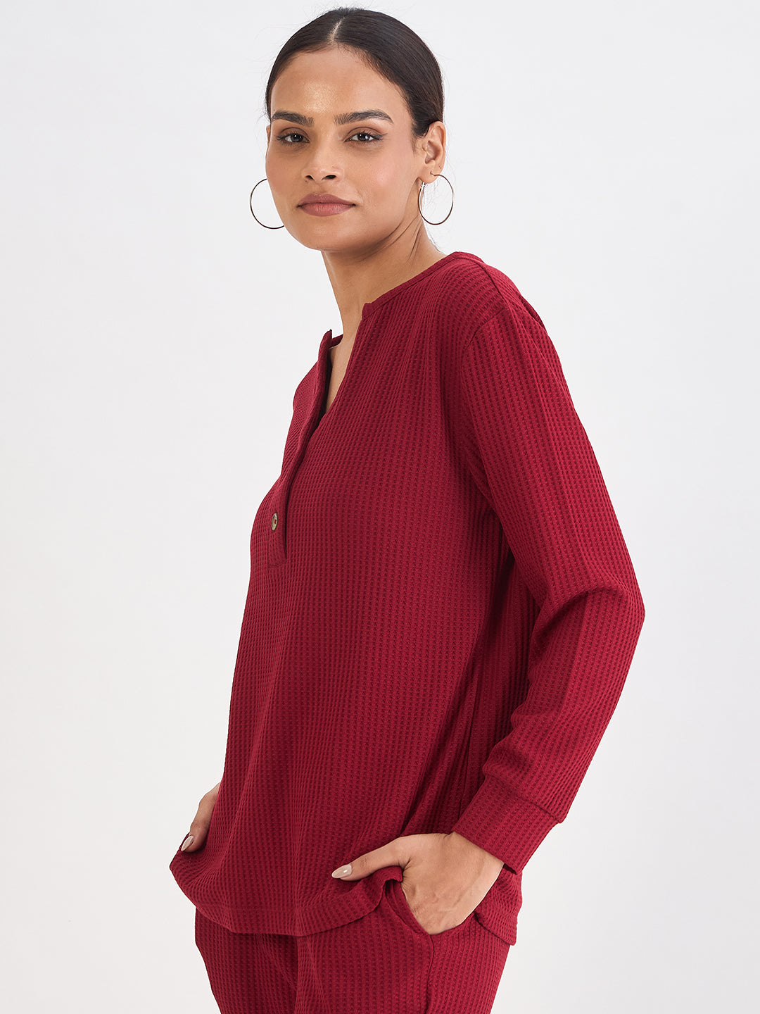Deep Red Waffle Knit Notch Neck Top