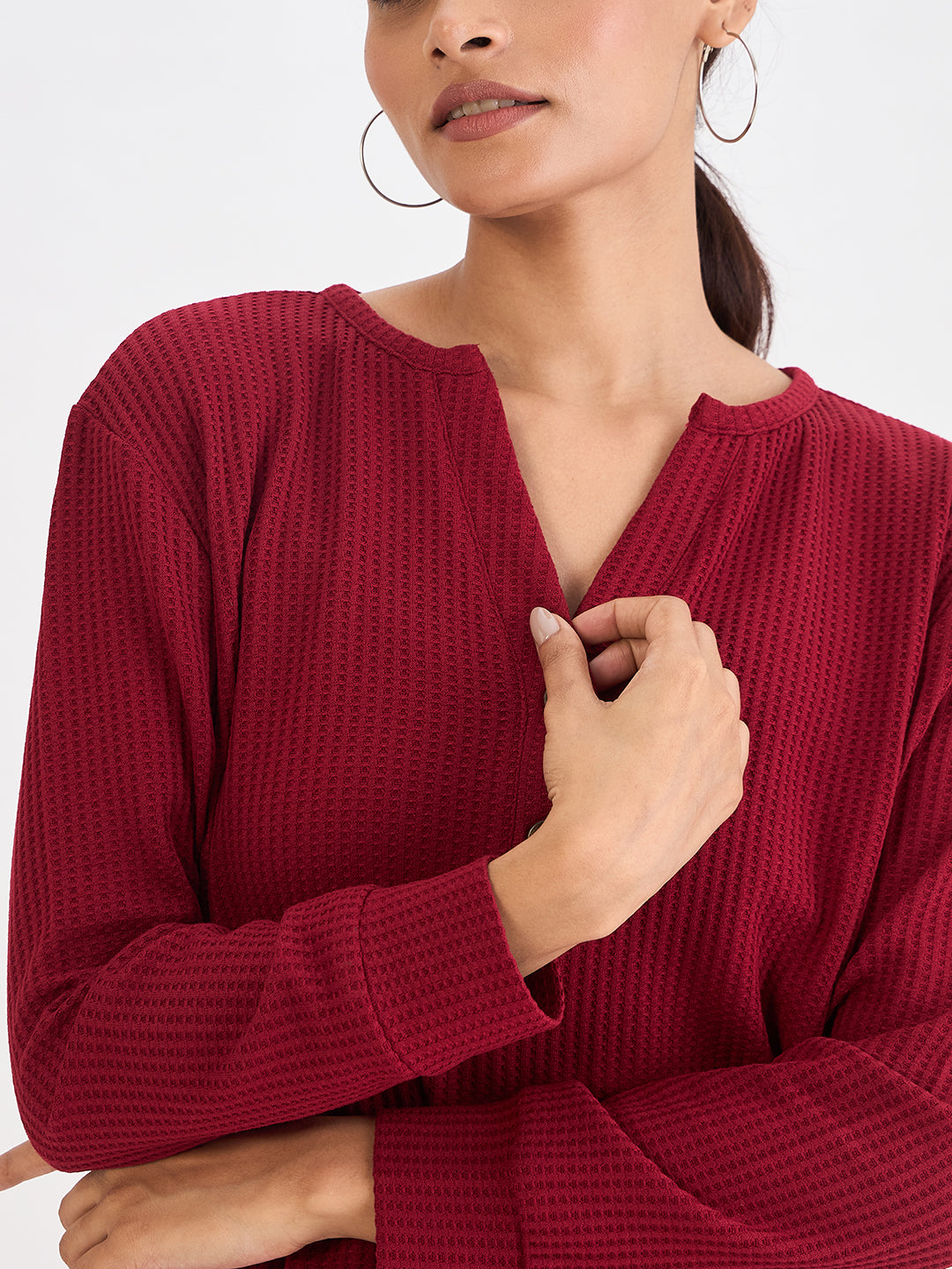 Deep Red Waffle Knit Notch Neck Top