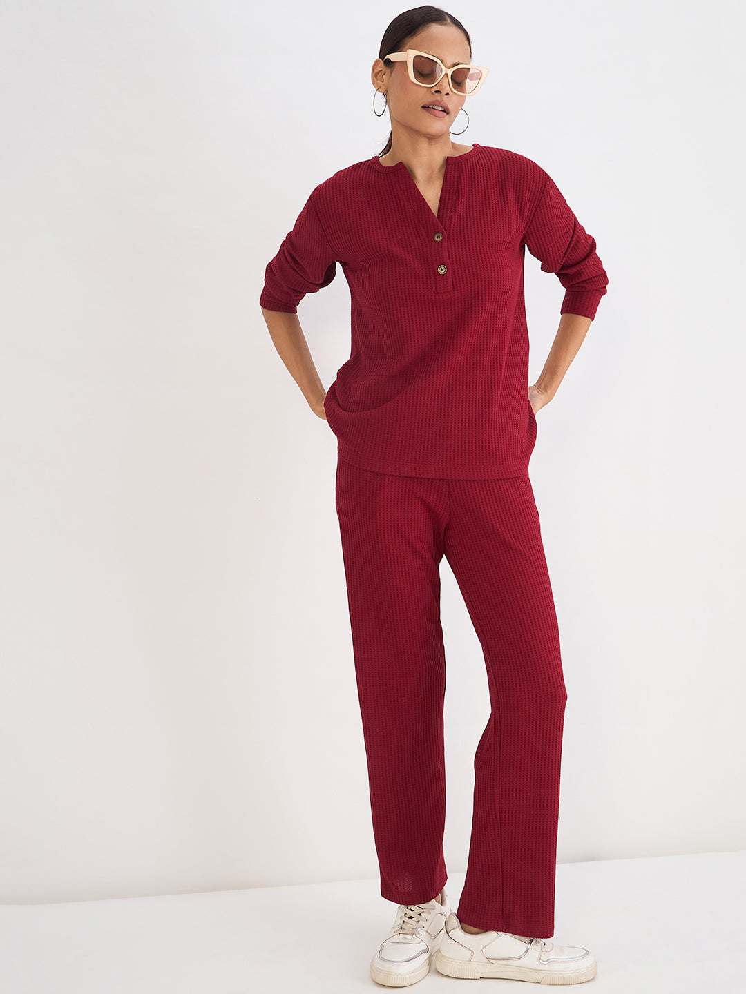 Deep Red Waffle Knit Notch Neck Top