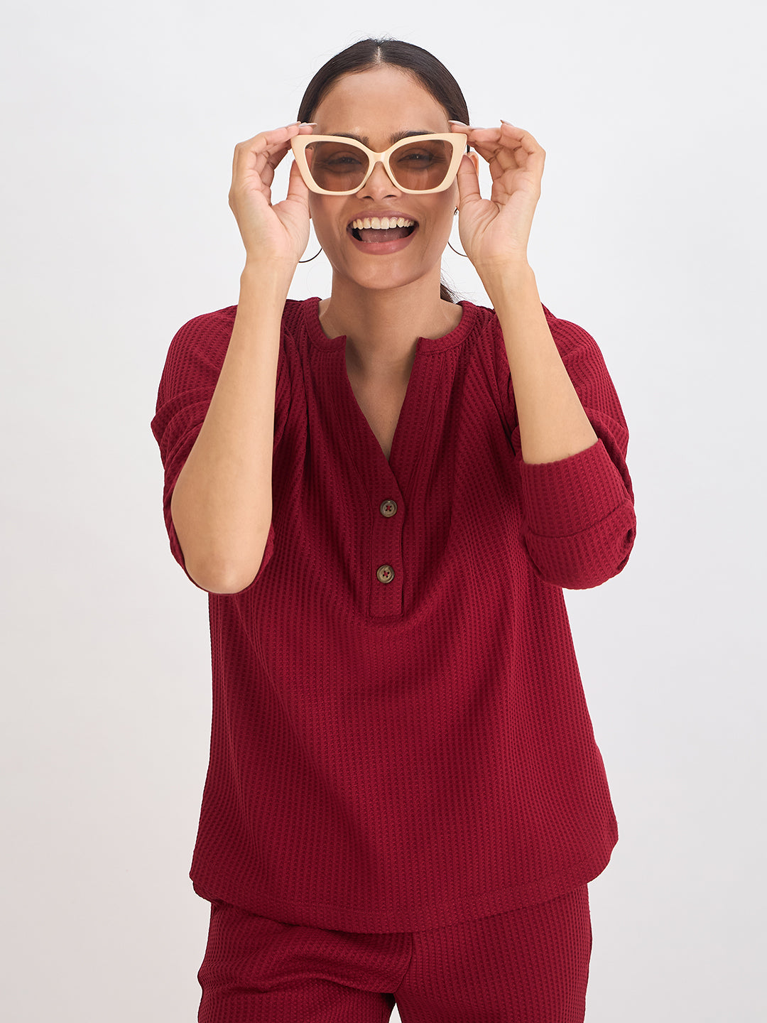 Deep Red Waffle Knit Notch Neck Top